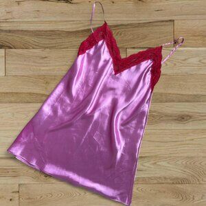 Linea Donatella bubblegum pink slip dress with cherry red lace trim 🍒 chemise